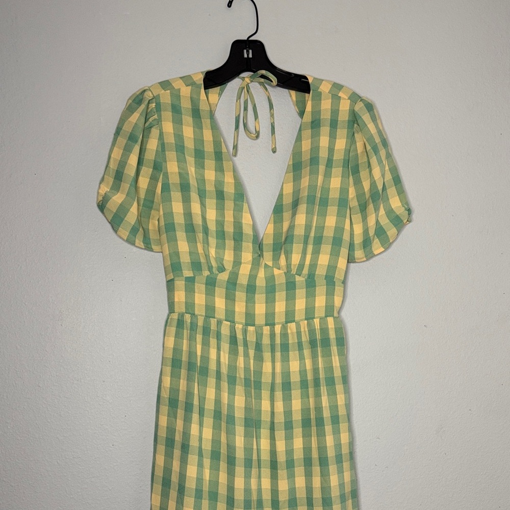 Stella Dallas Backless Plaid Dress in Greenish/blue and Cream